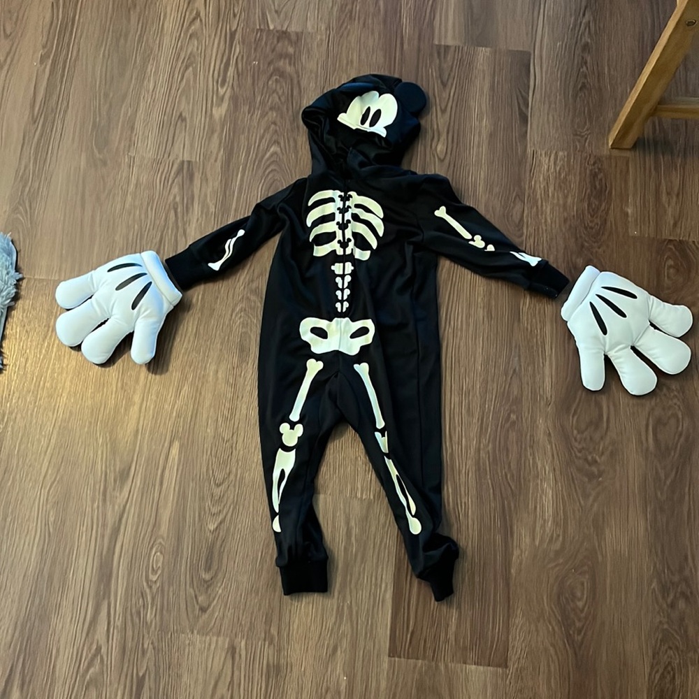Disney zipper skeleton Mickey Mouse suit with gloves - Youth 4 - glow in dark